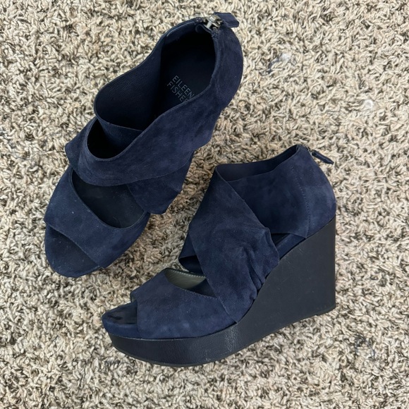 Eileen Fisher Draw Suede Open Toe Navy 4” Platform Wedge Leather Sandals - Picture 5 of 9
